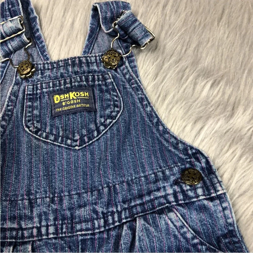 Vintage Oshkosh Bgosh Baby Girls Denim Blue Pink Striped Vestbak Overalls